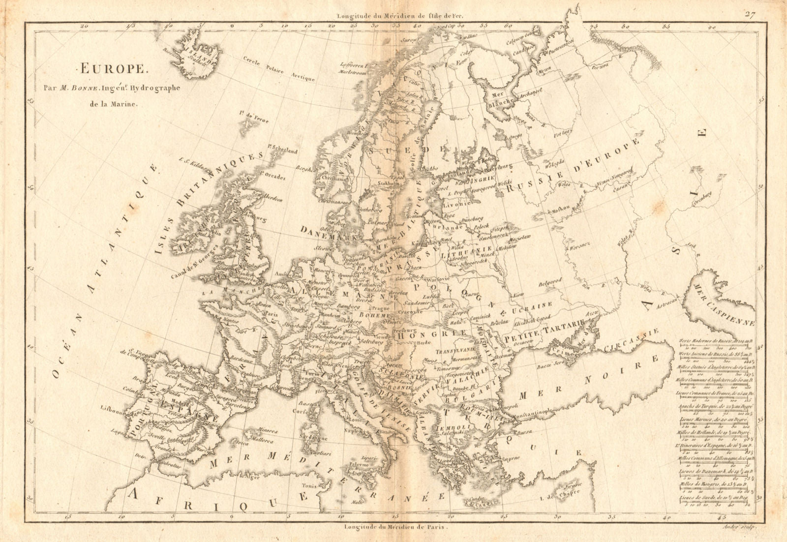 Antique map of Europe by BONNE 1787 old vintage plan chart